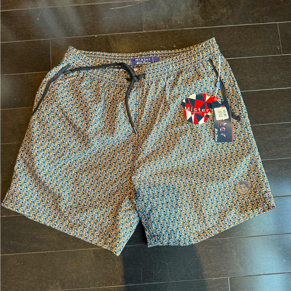 Mr.Swim Blue and Brown Geometric Swim Trunks